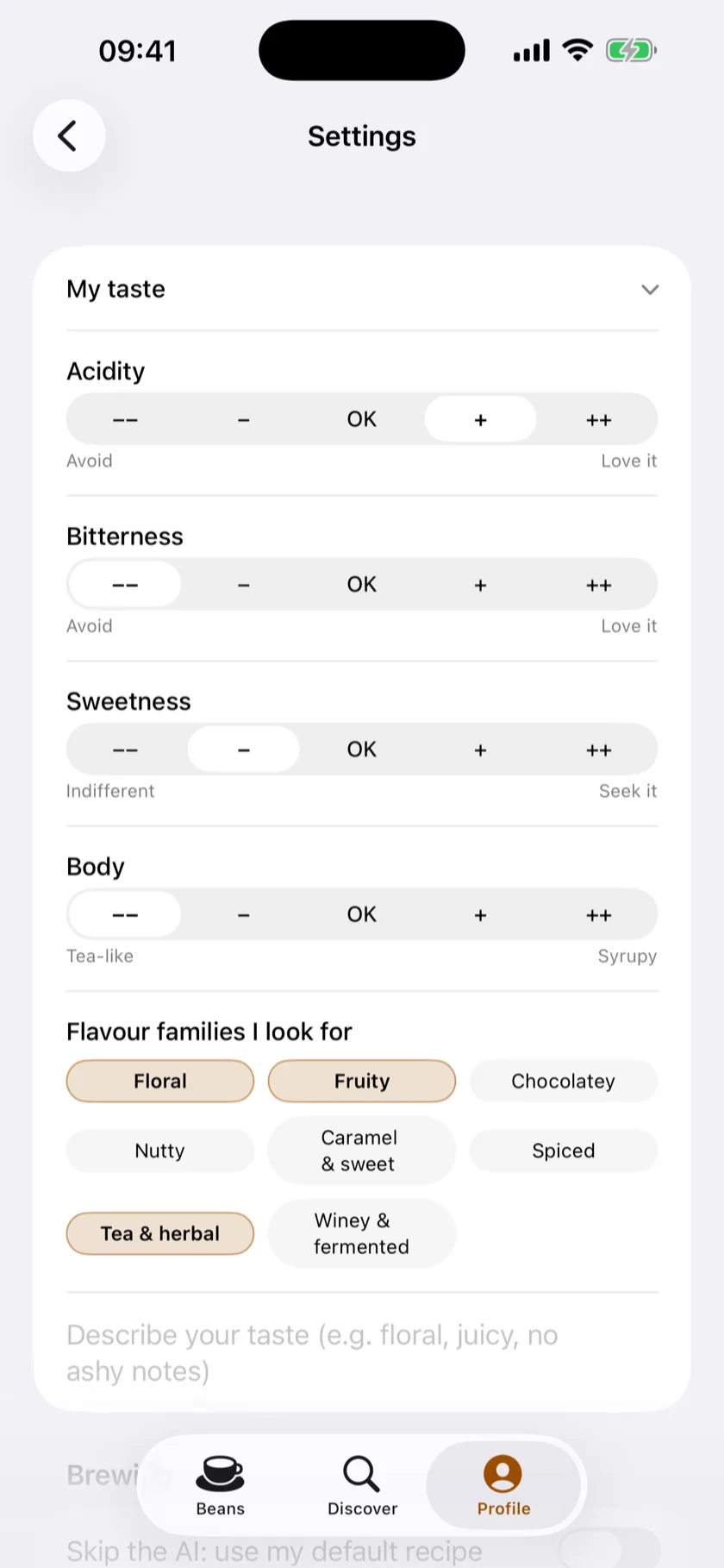 Cupsight's My Taste screen: the taste sliders and flavor families