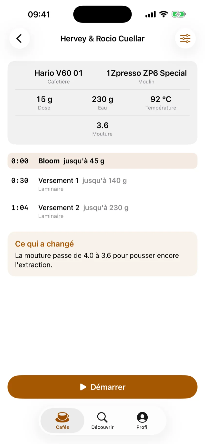 Écran de recette de Cupsight : dose, température, versements minutés et réglage du moulin
