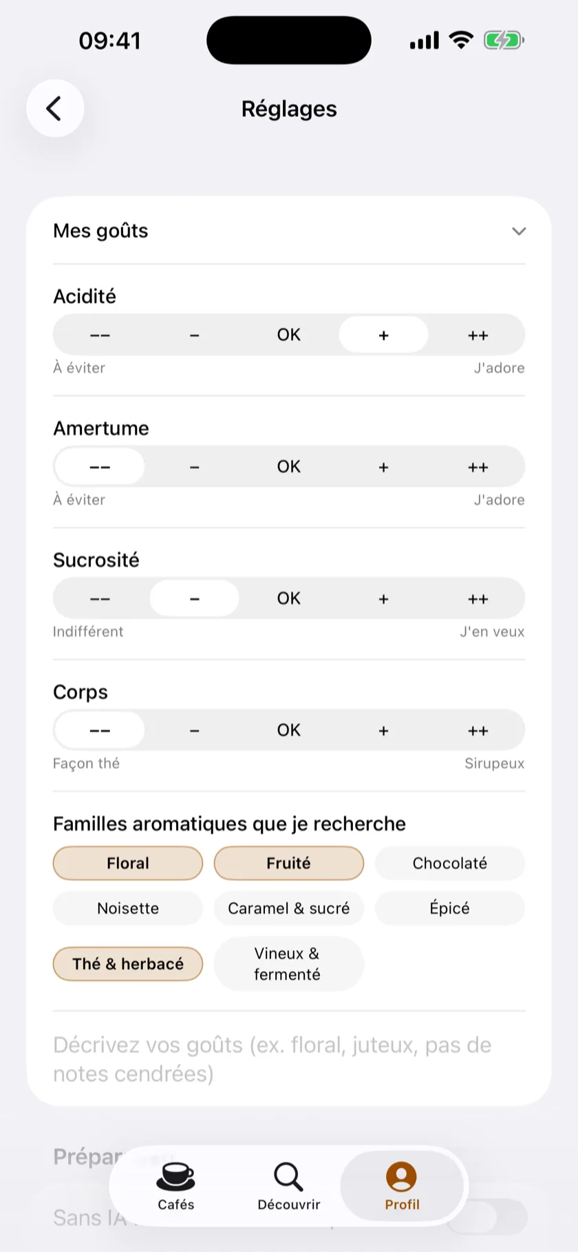Écran Mes goûts de Cupsight : les curseurs de goût et les familles aromatiques